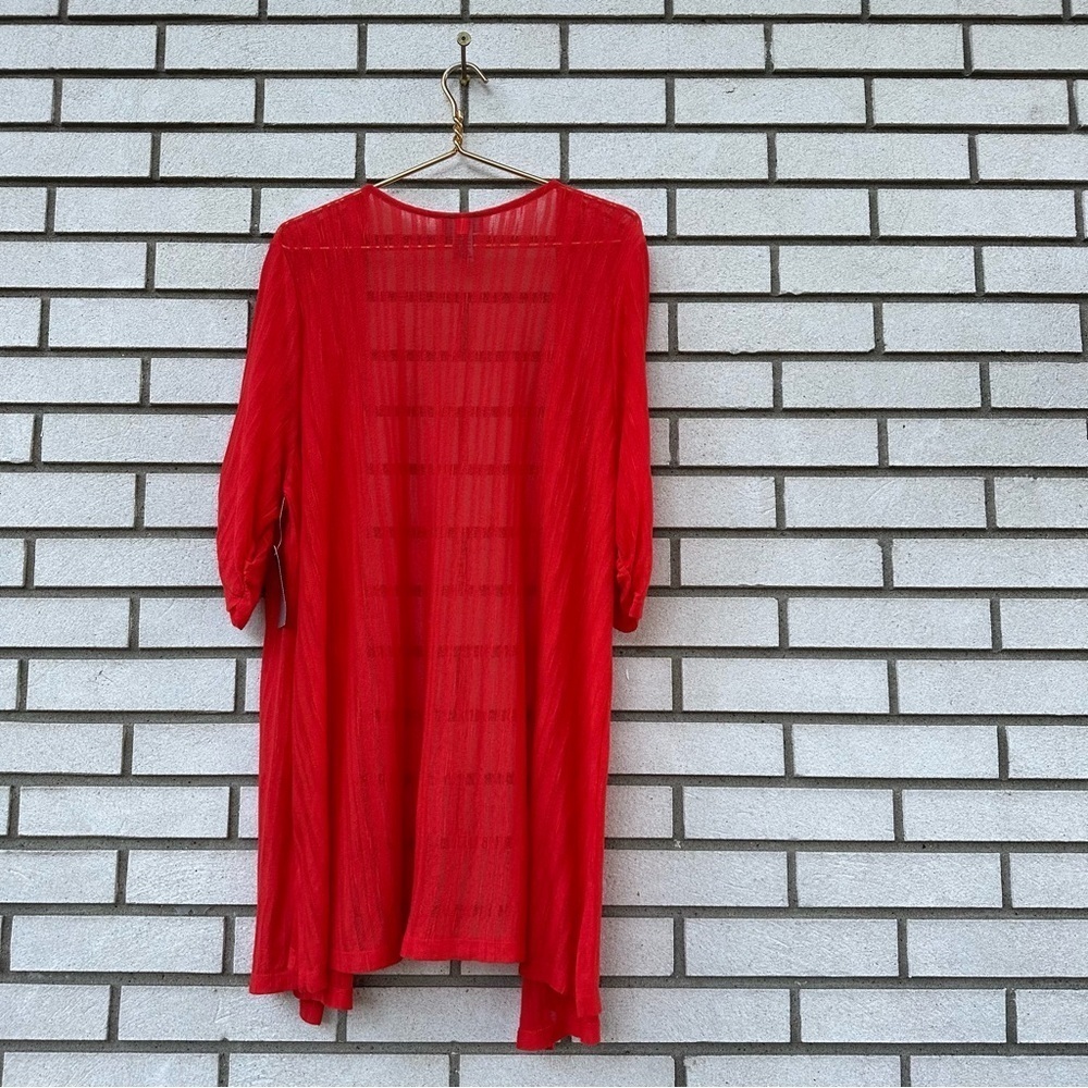 NWT Catherines Tomato Red Sheer Stripe Knit Long Open Cardigan Ruched Sleeve 2X - Picture 6 of 10